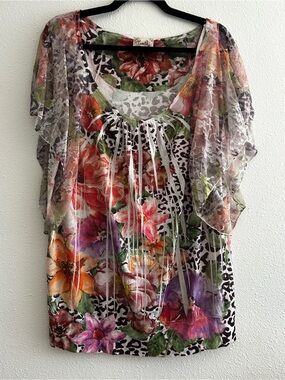 Lavish Floral Multi-Color Sheer Flutter-Sleeve Tunic